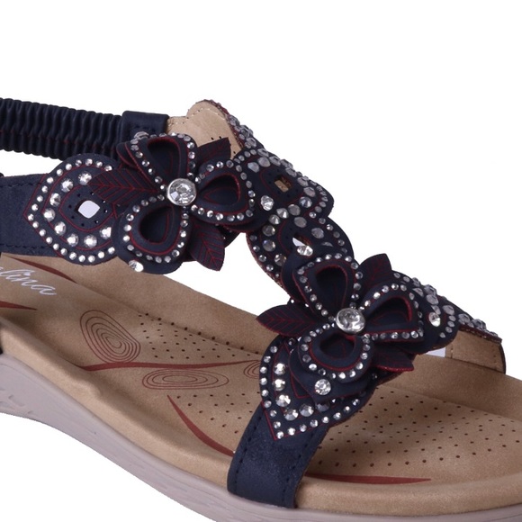 Italina Black Rosette Floral Woven Elastic Slingback Padded Slide On Sandal 11 - Picture 3 of 8